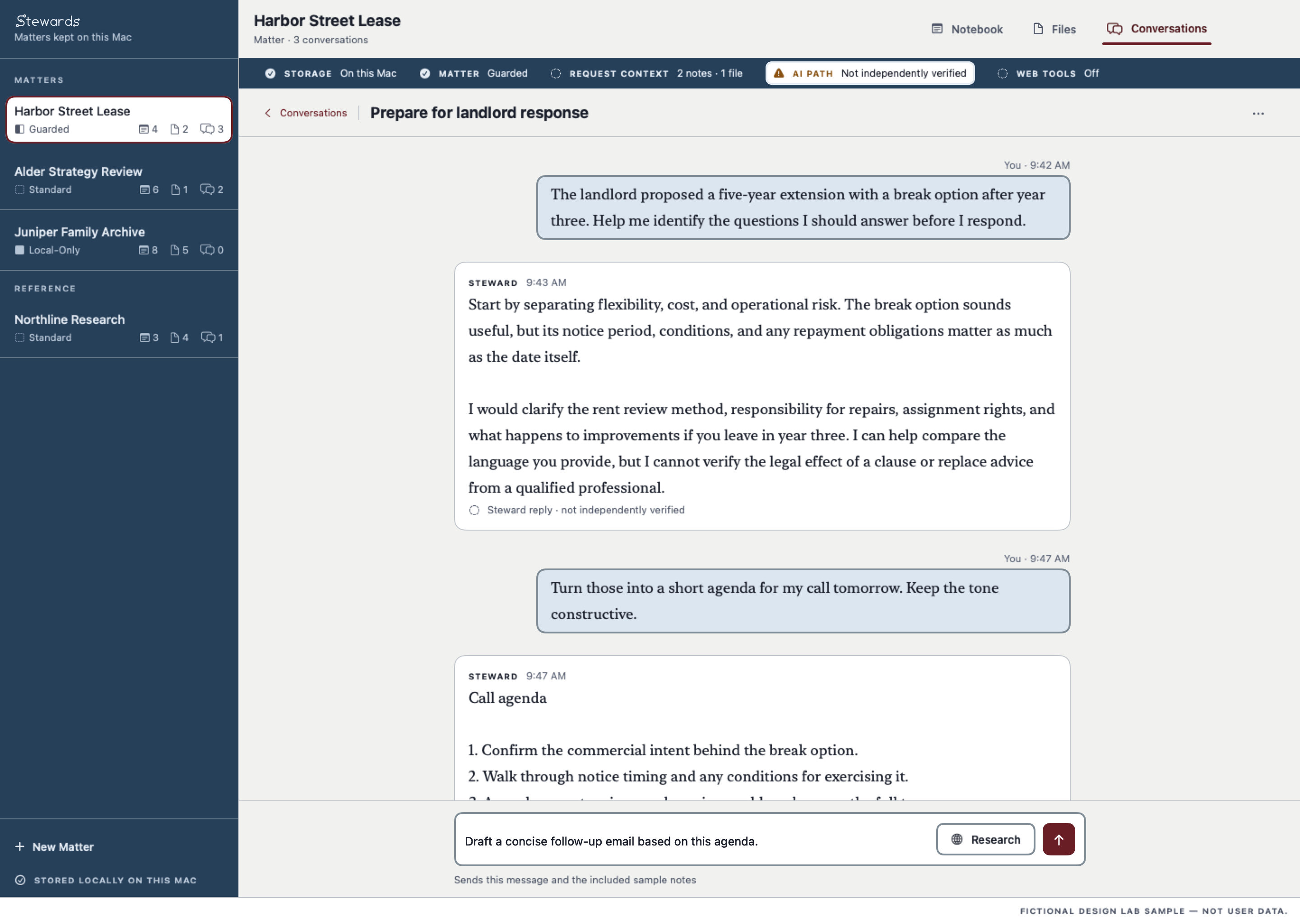 The Stewards workspace on a Mac: a sidebar listing Matters, an open Matter with Notebook, Files, and Conversations tabs, and a conversation with the assistant above the composer. The Matter is fictional sample content.